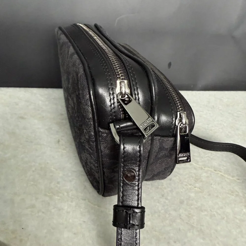Versace Black Jacquard Fabric and Leather Shoulder Messenger Crossbody, 1012856